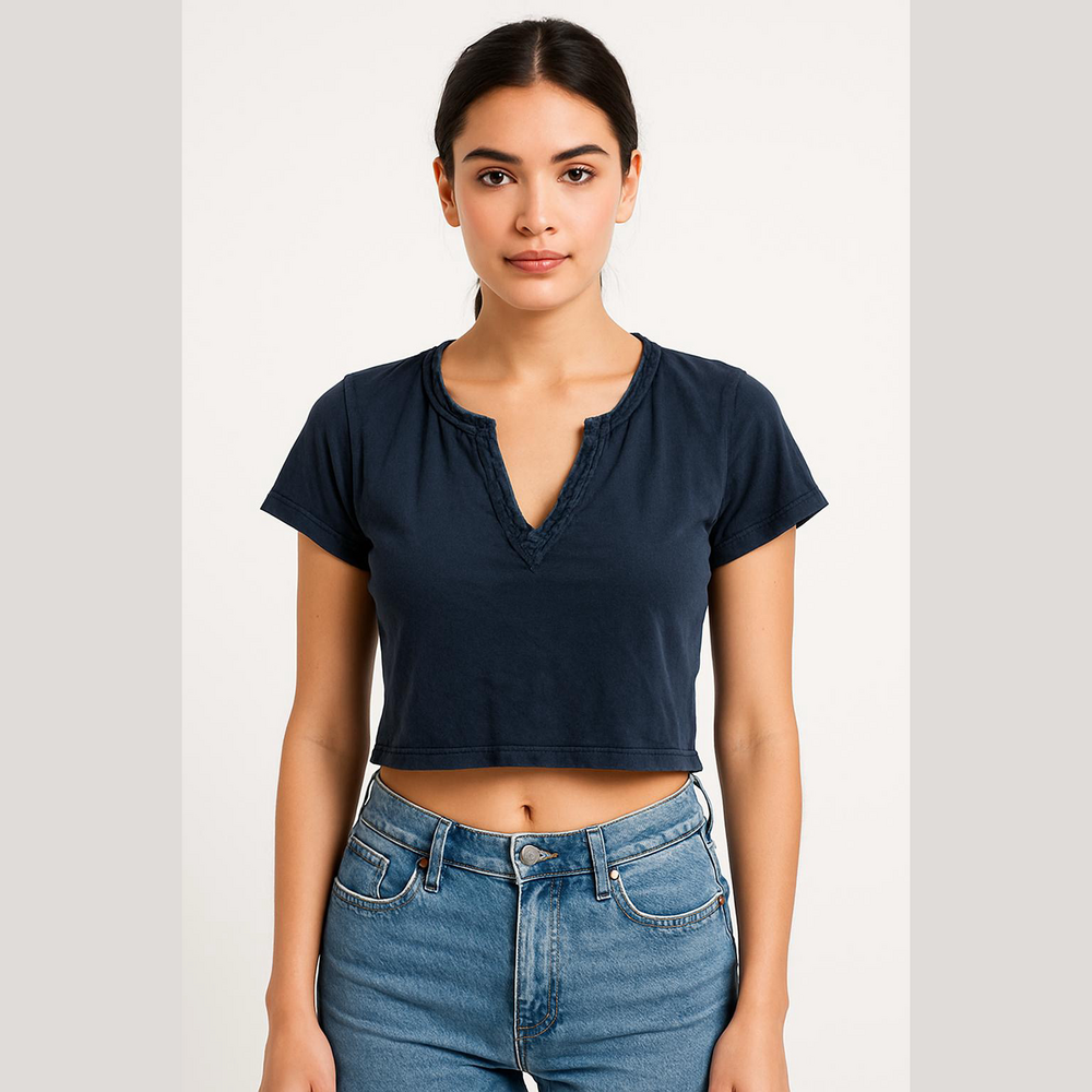 Pilcro Anthropologie Navy Blue Cropped V-Neck Short Sleeve Tee